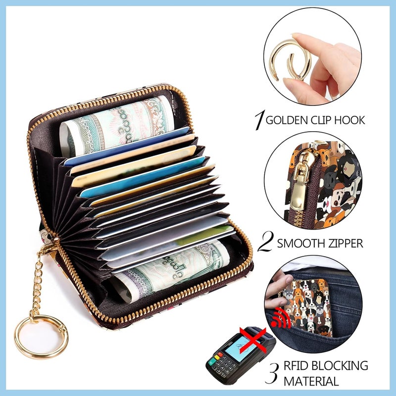 Blusabaca Credit Card Holder for Women, Dogs Small RFID Blocking Wallet with Wristlet Strap, Keychain Wristlet Zipper Women Wallet, Leather Card Case, Accordion Card Wallet Purse with Key Lanyard - Image 5